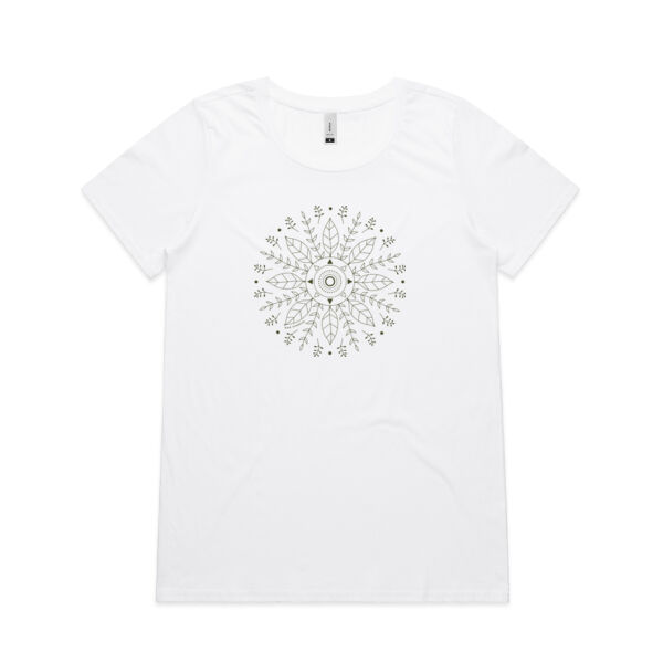 Leaf Mandala - Womens Shallow Scoop Tee - Olive Print Thumbnail