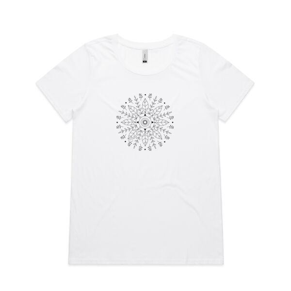 Leaf Mandala - Womens Shallow Scoop Tee - Black Print Thumbnail